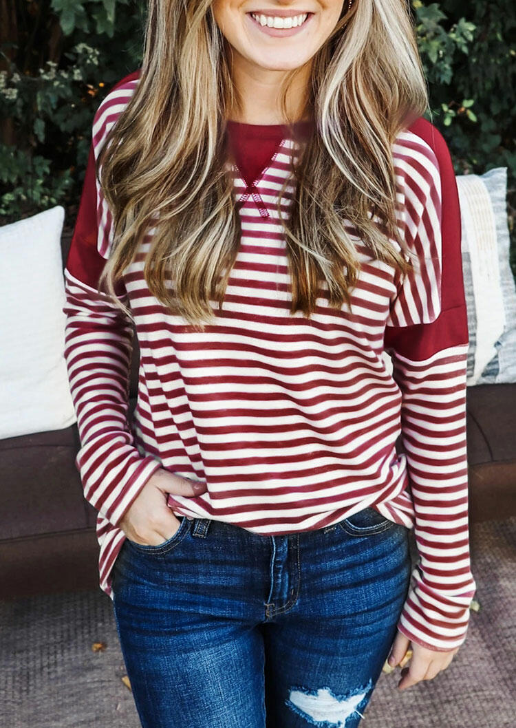 

Blouses Striped Splicing Long Sleeve Blouse in Red. Size