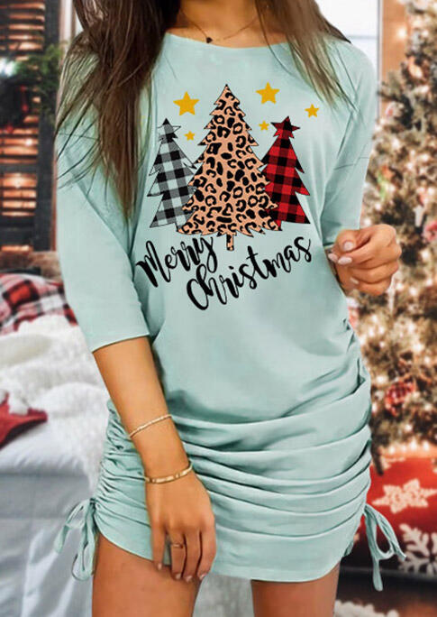 

Mini Dresses Merry Christmas Tree Leopard Plaid Ruched Drawstring Mini Dress in Light Green. Size