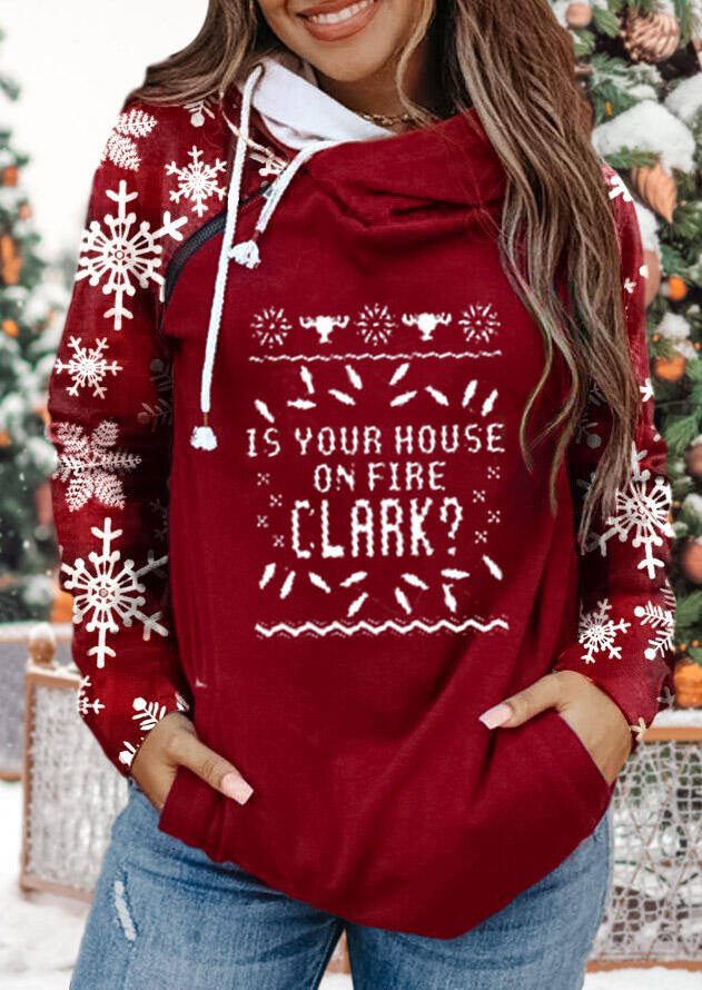 

Sweatshirts Snowflake Zipper Drawstring Pocket Letter Sweatshirt in Red. Size