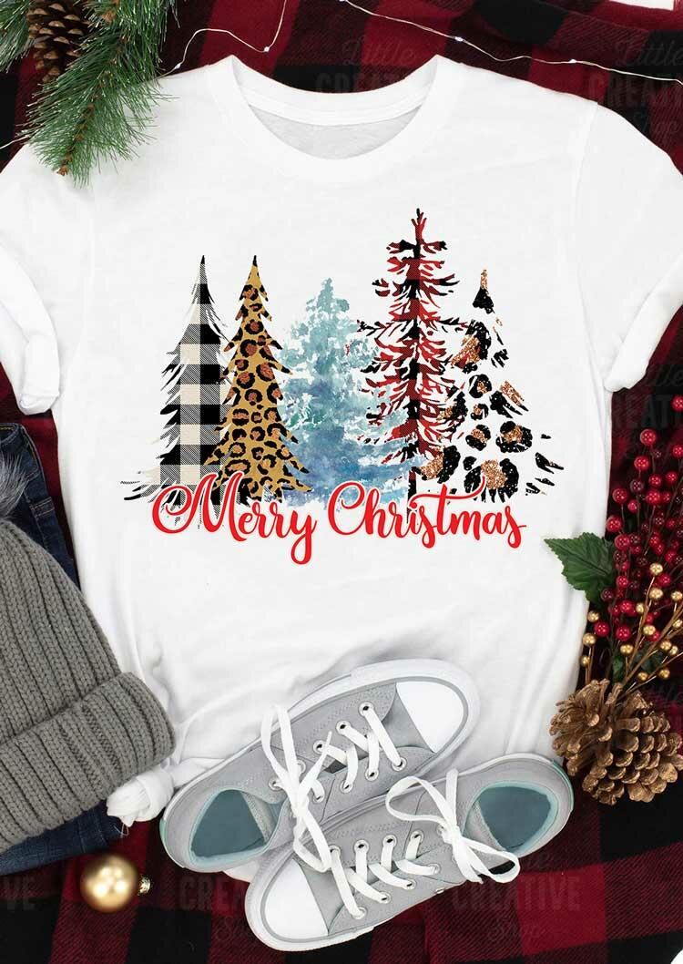 

T-shirts Tees Merry Christmas Tree Plaid Leopard T-Shirt Tee in White. Size: ,L