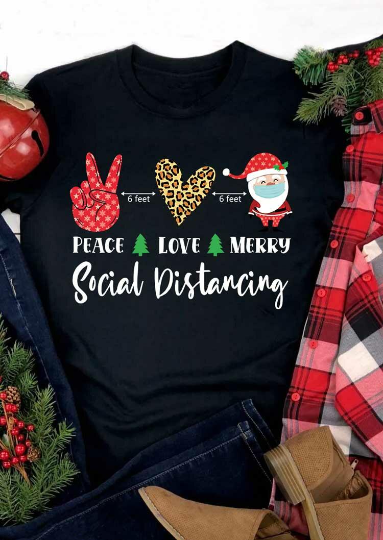 

T-shirts Tees Christmas Leopard Santa Peace Love Merry T-Shirt Tee in Black. Size: ,L