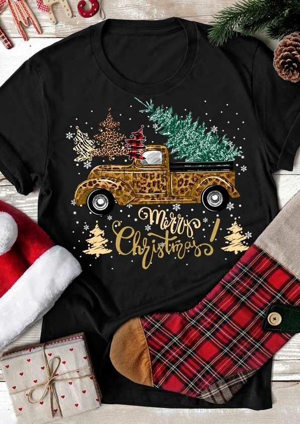 

Tees T-shirts Merry Christmas Leopard Truck O-Neck T-Shirt Tee in Black. Size
