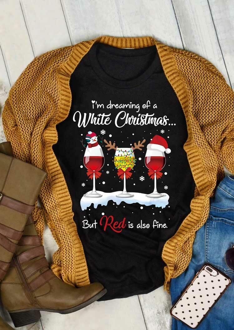 

Tees T-shirts I' Dreaming Of A White Christmas Wine T-Shirt Tee in Black. Size
