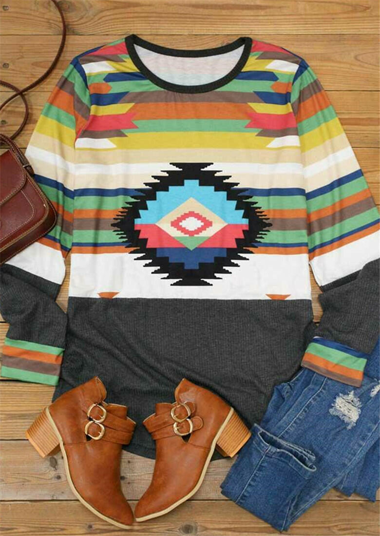 

Blouses Western Aztec Geometric Colorful Striped Blouse in Multicolor. Size: ,M