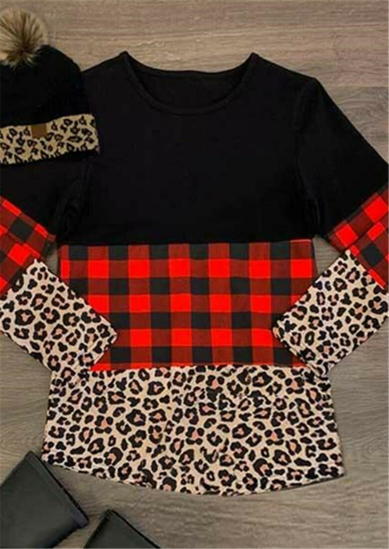 

Blouses Buffalo Plaid Leopard Color Block Splicing Blouse in Multicolor. Size