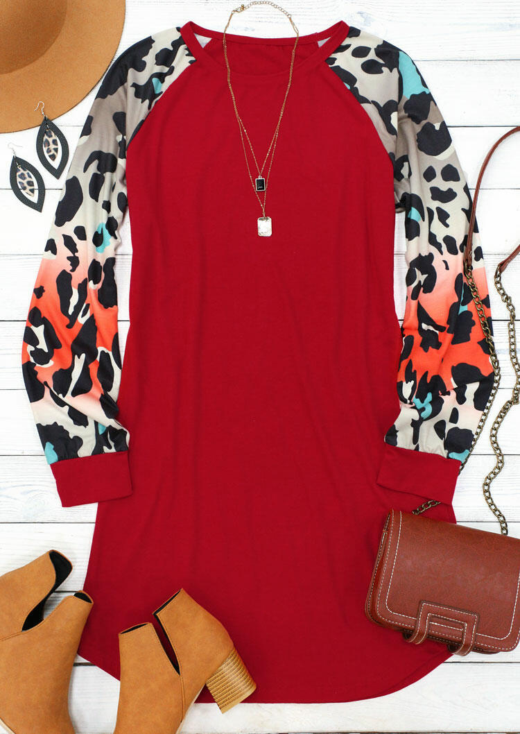 

Mini Dresses Colorful Leopard Splicing Raglan Sleeve Mini Dress in Red. Size: ,XL