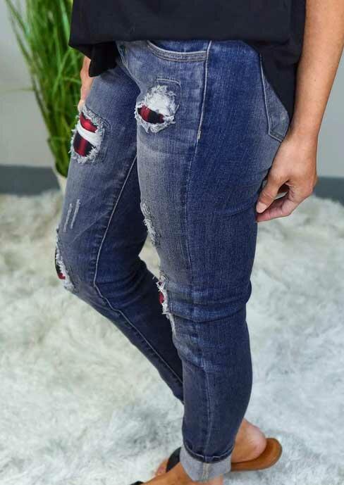 

Pants Ripped Hole Buffalo Plaid Patch Distressed Denim Jeans in Blue. Size