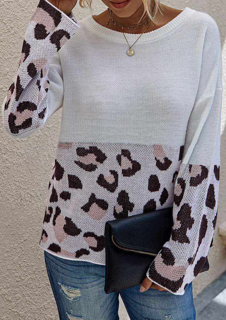 

Sweaters Leopard Splicing O-Neck Long Sleeve Sweater in White. Size