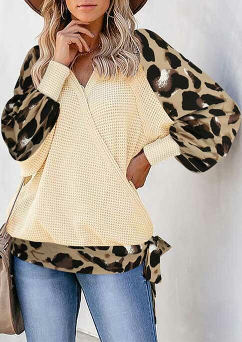 

Blouses Leopard Waffle Wrap Tie V-Neck Casual Blouse in Light Khaki. Size