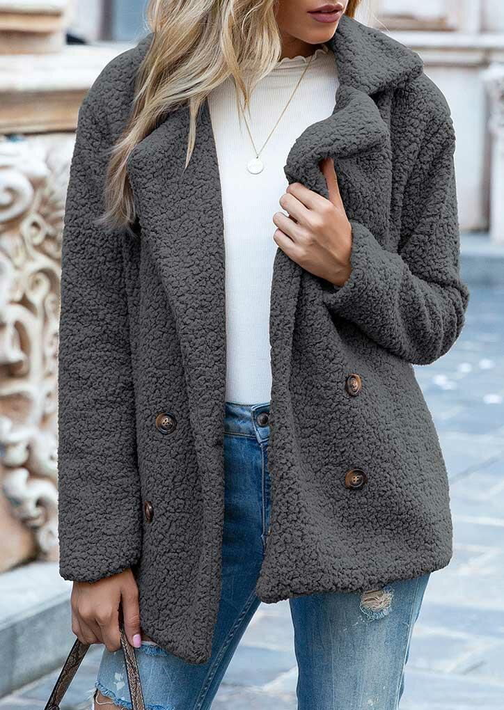 

Coats Pocket Button Lapel Warm Plush Coat in Dark Grey. Size