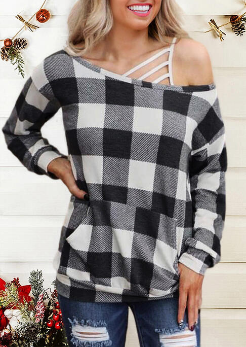 

Blouses Plaid Kangaroo Pocket Long Sleeve Blouse without White Camisole in Plaid. Size: ,M,L,XL