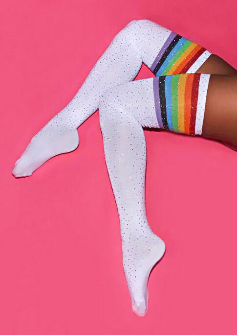 

Socks Colorful Striped Splicing Rhinestone Thigh-High Socks in White. Size