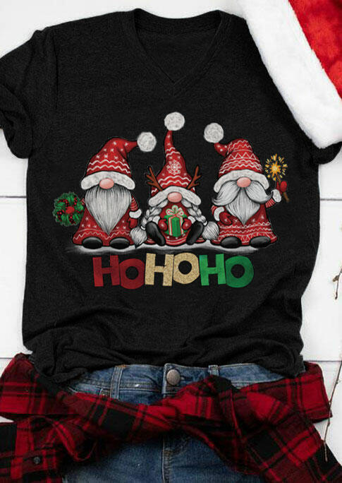 

Tees T-shirts Christmas Gnomies Ho Ho Ho V-Neck T-Shirt Tee in Black. Size: S,M,,XL