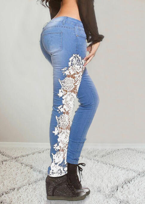 

Pants Lace Splicing Hollow Out Stretchy Denim Jeans in Light Blue. Size