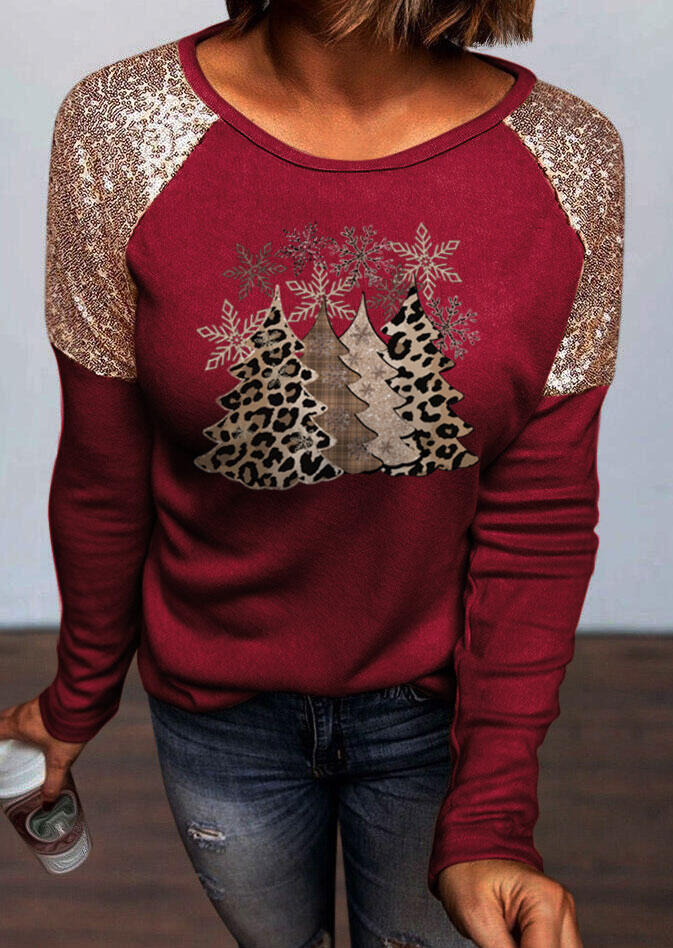 Leopard Christmas Tree Snowflake Sequined Splicing Blouse - Burgundy