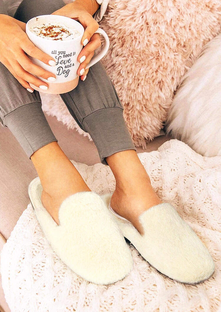 

Slippers Winter Warm Plush Slip On Round Toe Flat Slippers in Beige. Size: ,40