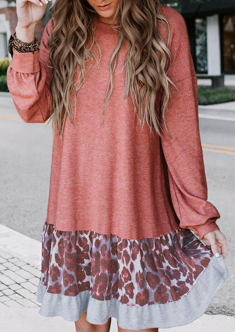 

Casual Dresses Leopard Splicing Ruffled Elastic Cuff Casual Dress in Watermelon Red. Size: ,M,L,XL