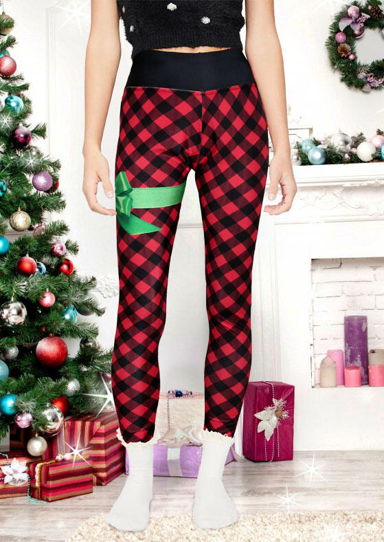 

Leggings Christmas Bowknot Buffalo Plaid Elastic Waist Leggings in Plaid. Size