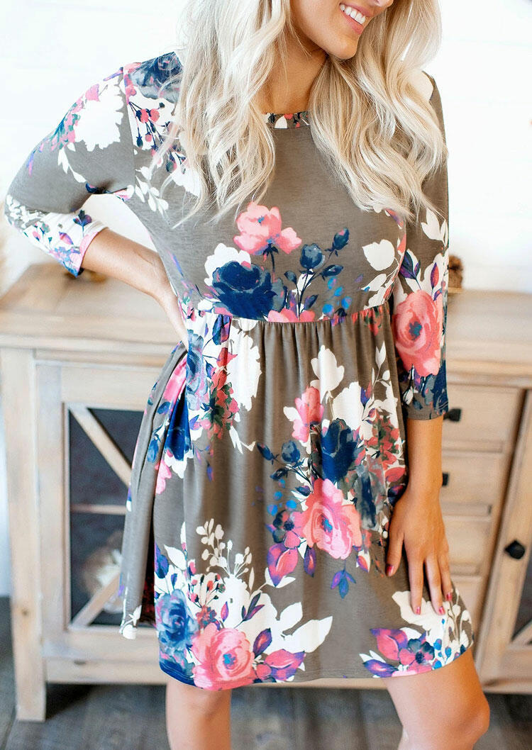 

Mini Dresses Floral Ruffled Pocket Three Quarter Sleeve Mini Dress in Light Coffee. Size