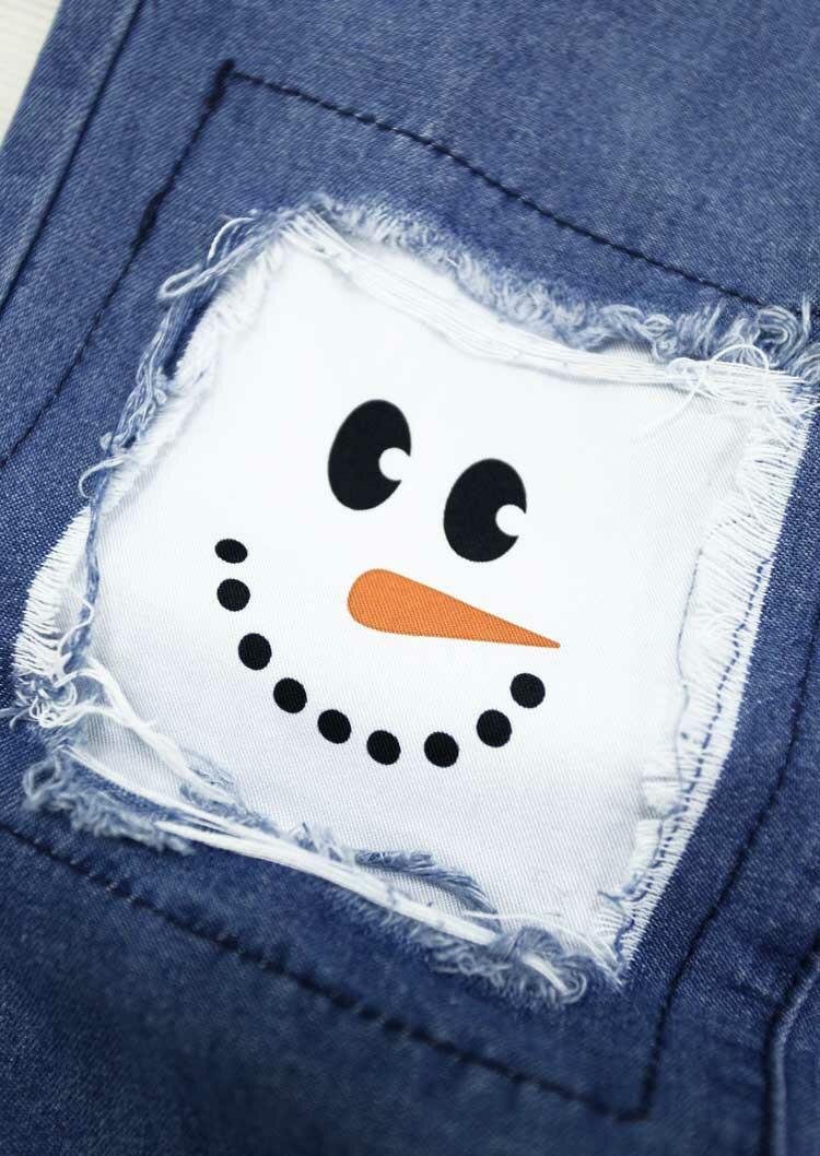 

Pants Christmas Snowman Patch Ripped Hole Distressed Denim Jeans in Blue. Size