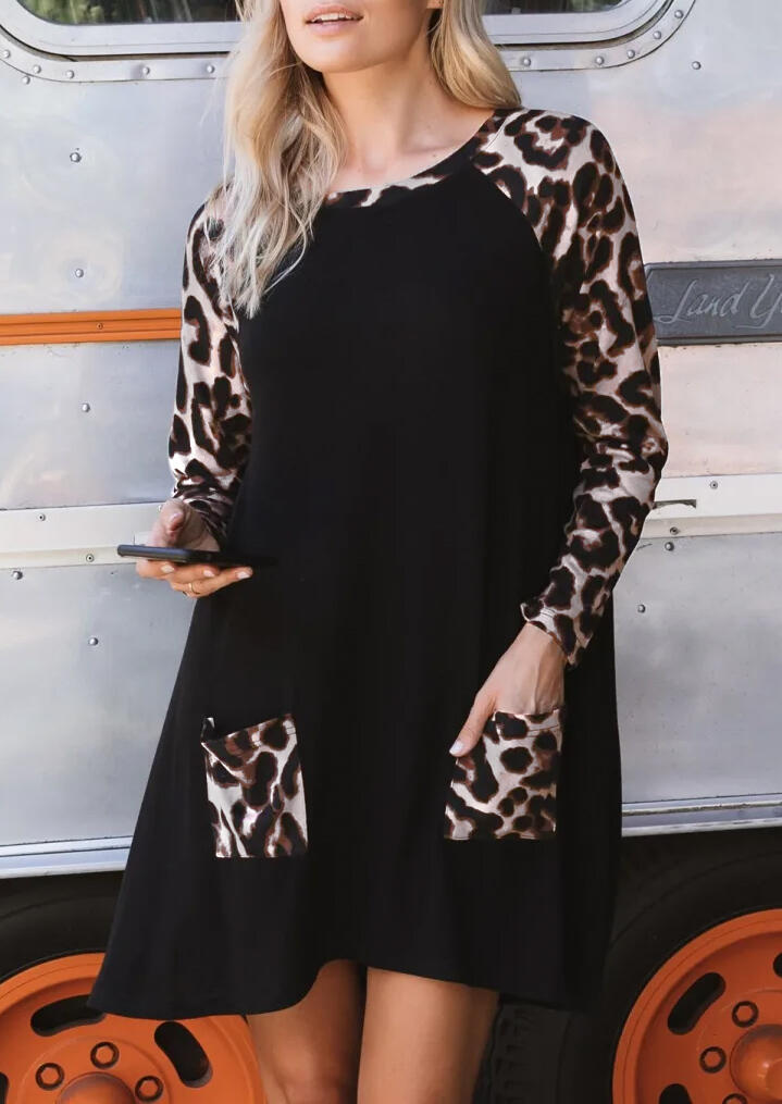 

Mini Dresses Leopard Splicing Pocket Raglan Sleeve Mini Dress in Black. Size