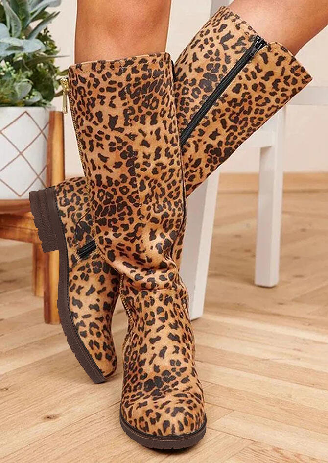 

Boots Leopard Zipper Low Heeled Mid-Calf Boots in Leopard. Size