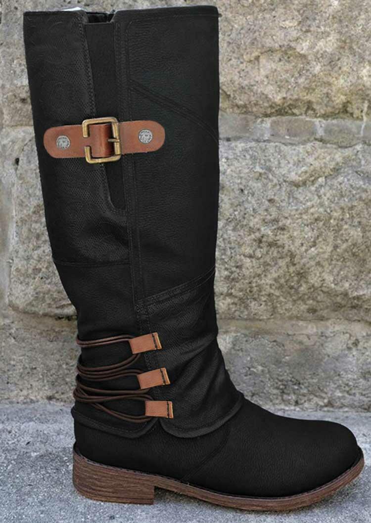 

Boots Winter Buckle Strap Zipper Low Heeled Mid-Calf Boots in Black. Size