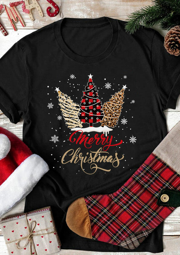 

T-shirts Tees Merry Christmas Leopard Buffalo Plaid Snowflake T-Shirt Tee in Black. Size: ,M,L