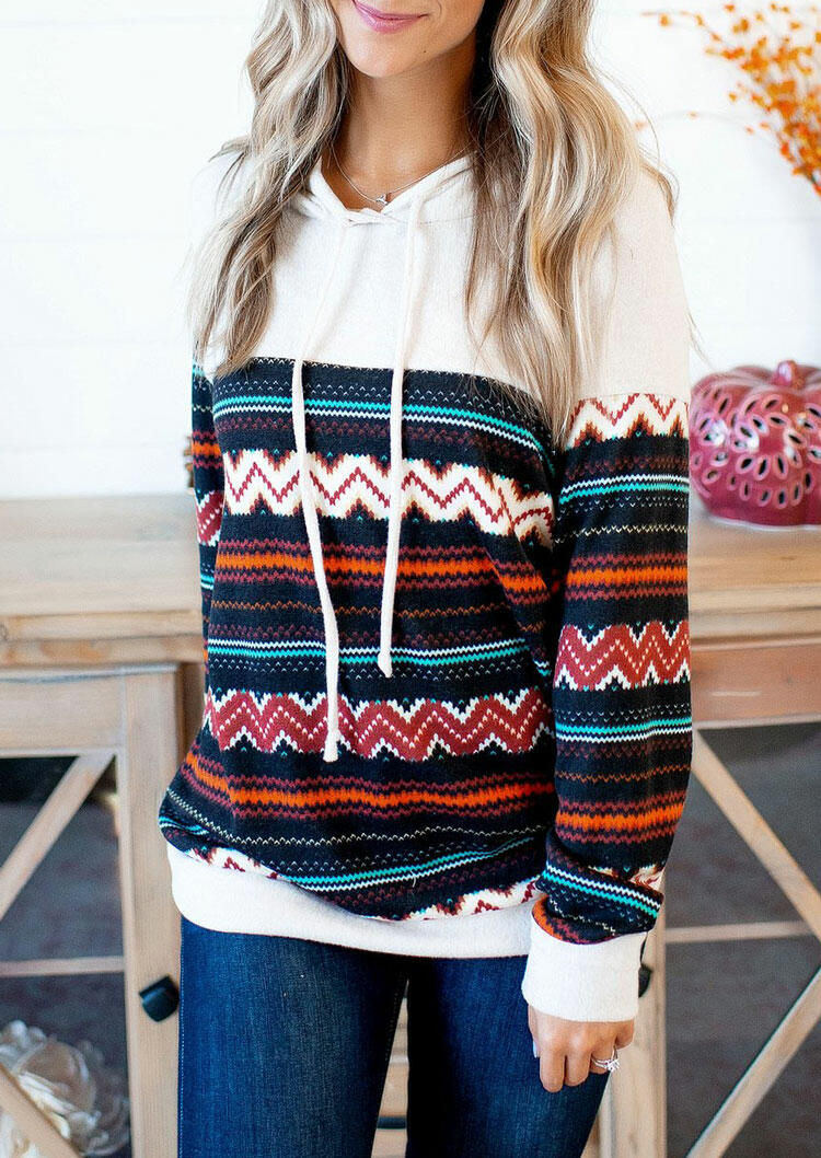 

Hoodies Aztec Geometric Drawstring Long Sleeve Hoodie in Multicolor. Size
