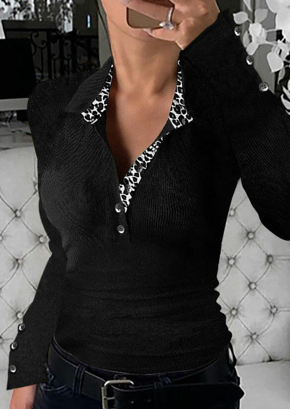

Blouses Leopard Splicing Button Long Sleeve Blouse in Black. Size: ,L