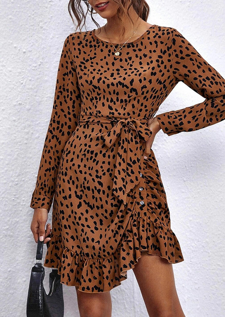 

Mini Dresses Leopard Button Ruffled Asymmetric Mini Dress in Leopard. Size: ,M