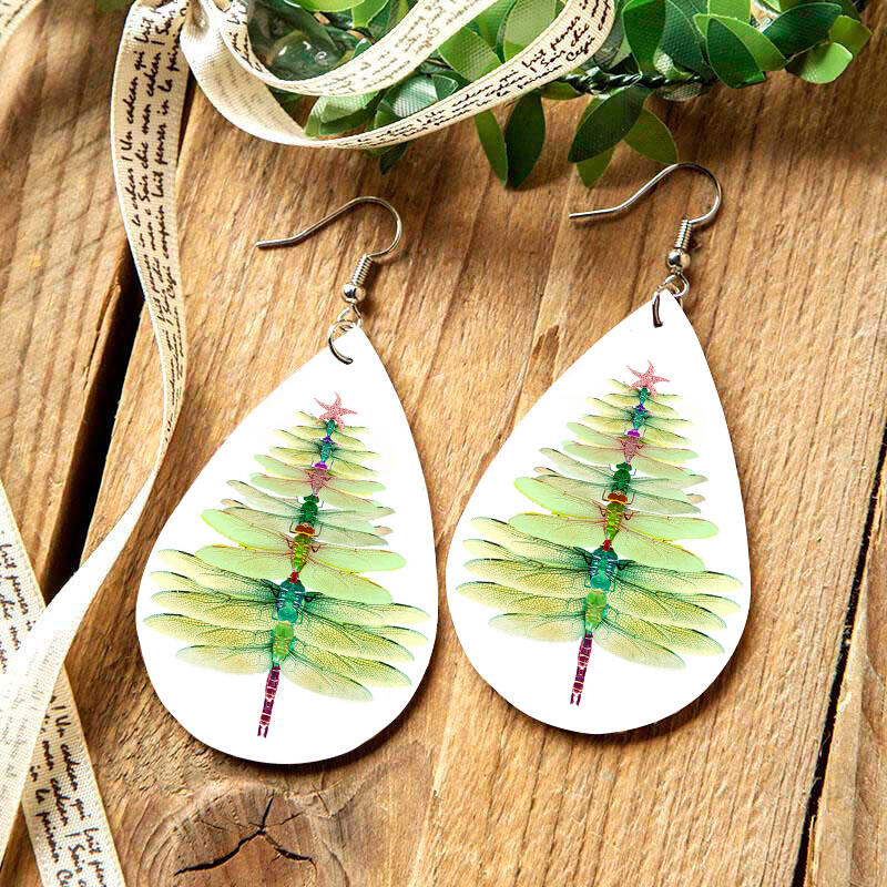 Earrings Christmas Tree Dragonfly Double-Sided Water Drop Earrings in White. Size