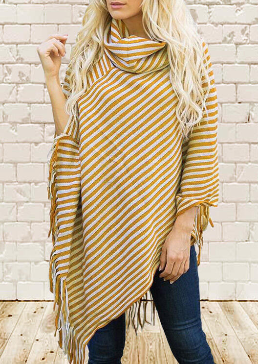 

Blouses Striped Tassel Asymmetric Turtleneck Cape Blouse in Yellow. Size