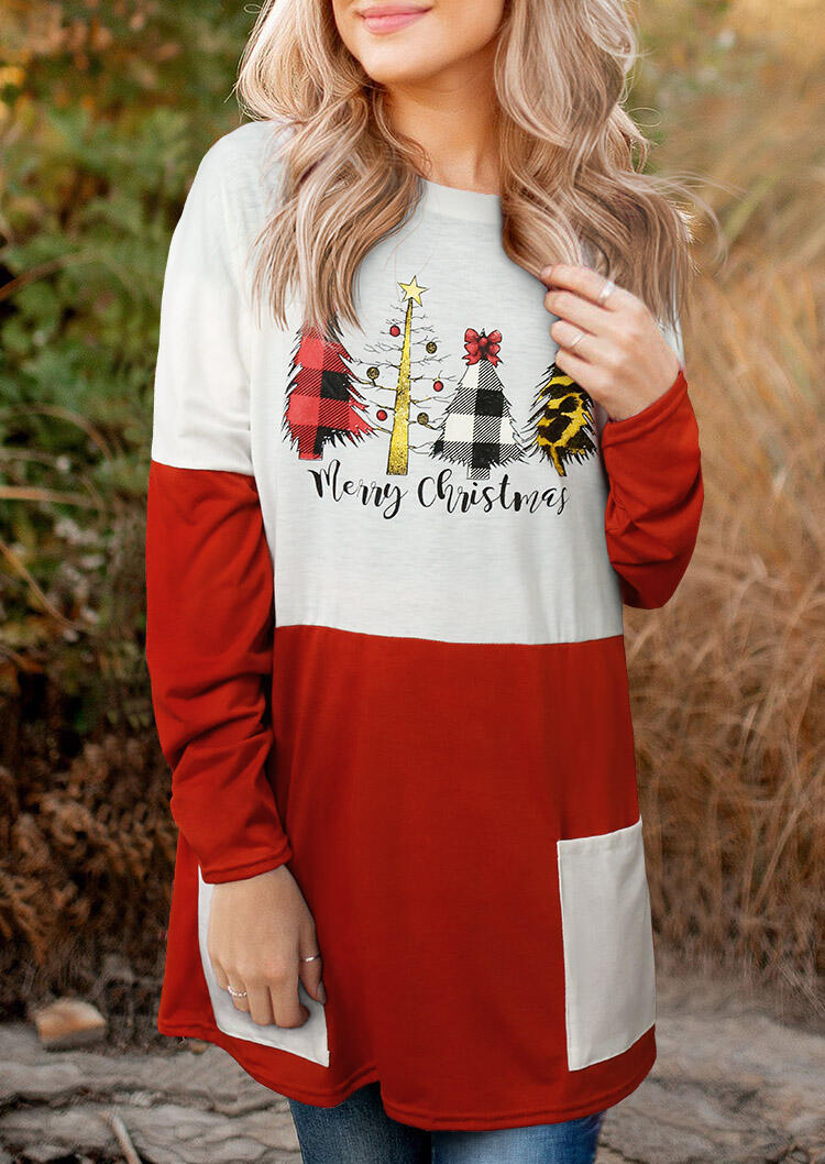 

Blouses Merry Christmas Plaid Leopard Tree Pocket Blouse in Red. Size