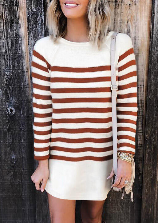 

Mini Dresses Striped Raglan Long Sleeve O-Neck Mini Dress in Stripe. Size
