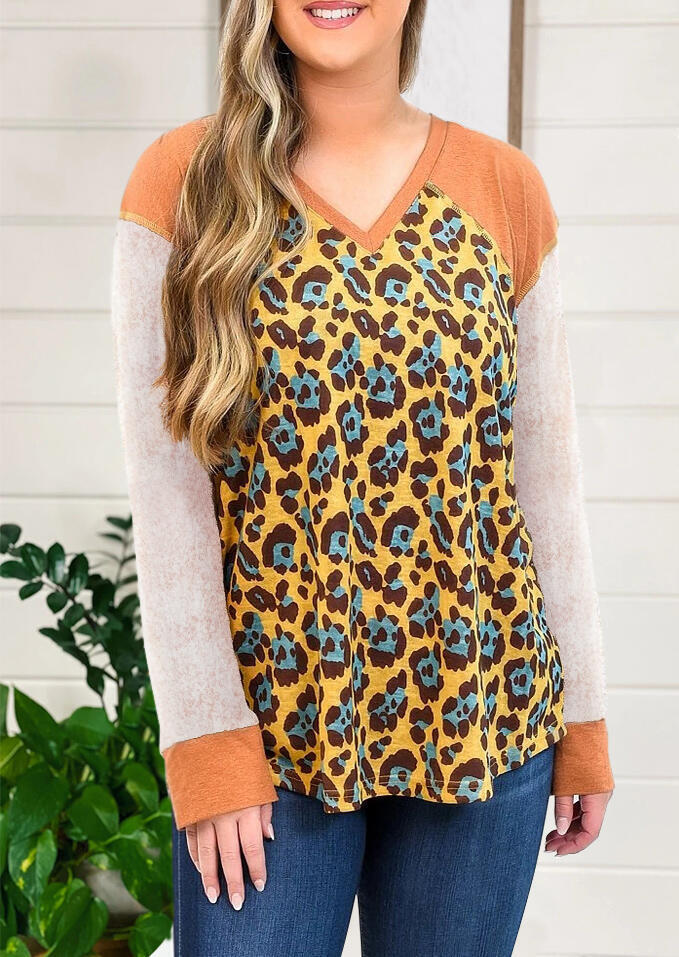 Blouses Leopard Splicing V-Neck Long Sleeve Blouse in Multicolor. Size: L,M,S
