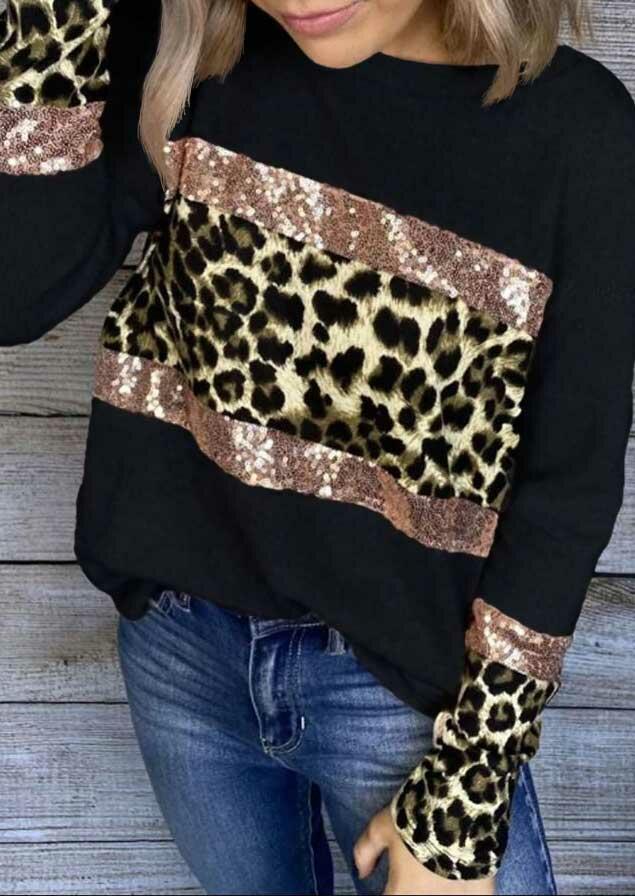 

Blouses Leopard Sequined Splicing Long Sleeve Blouse in Black. Size