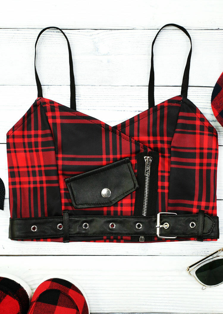 

Crop Tops Buffalo Plaid Strap Fake Pocket Gothic Crop Top in Red. Size