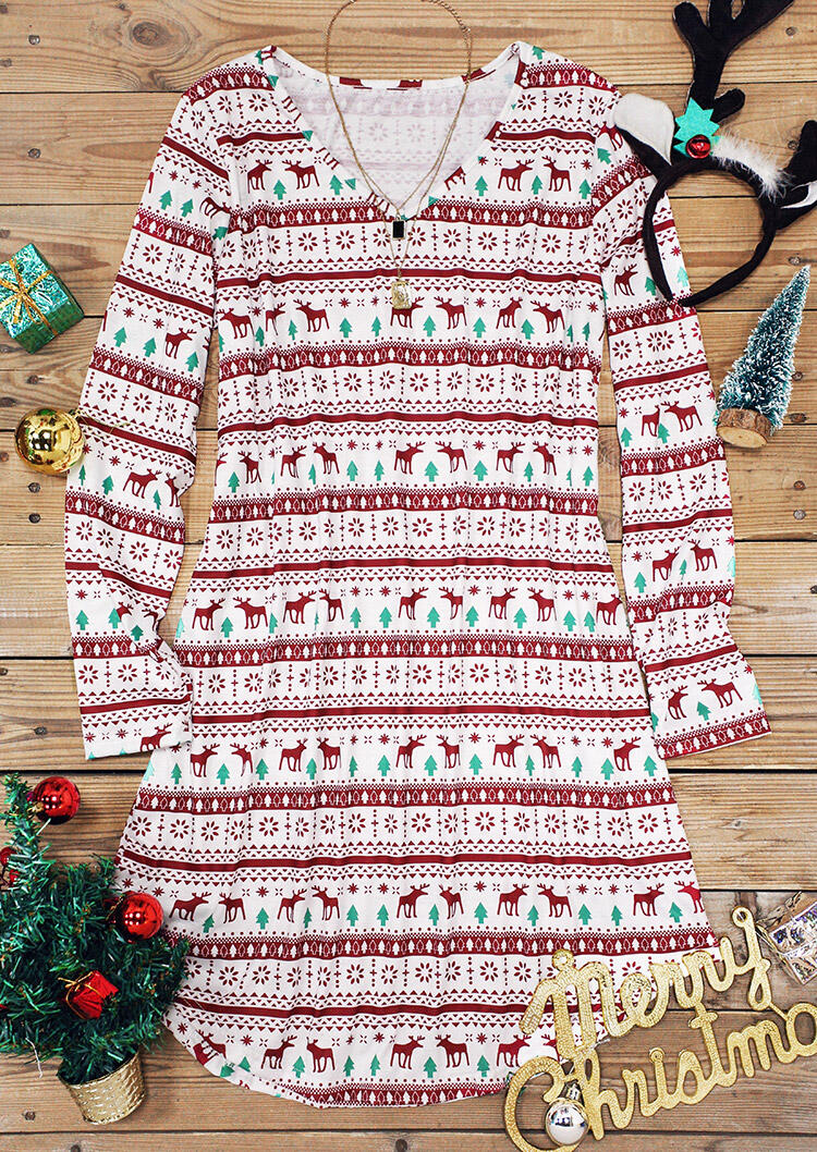 

Mini Dresses Christmas Reindeer Snowflake Long Sleeve V-Neck Mini Dress in Burgundy. Size