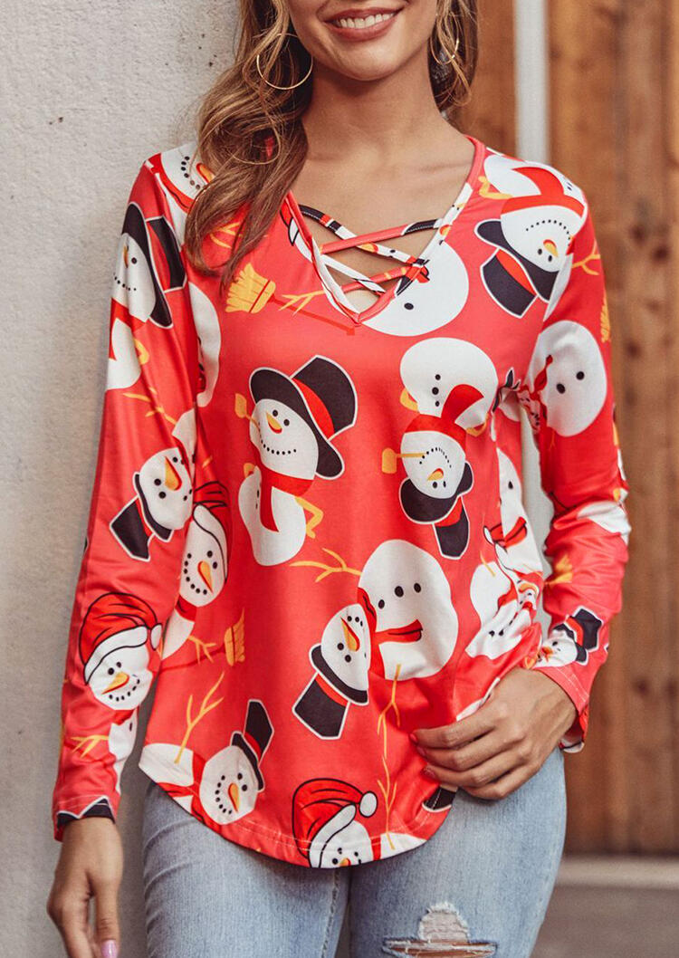 

Blouses Christmas Snowman Criss-Cross V-Neck Long Sleeve Blouse in Red. Size: ,XL