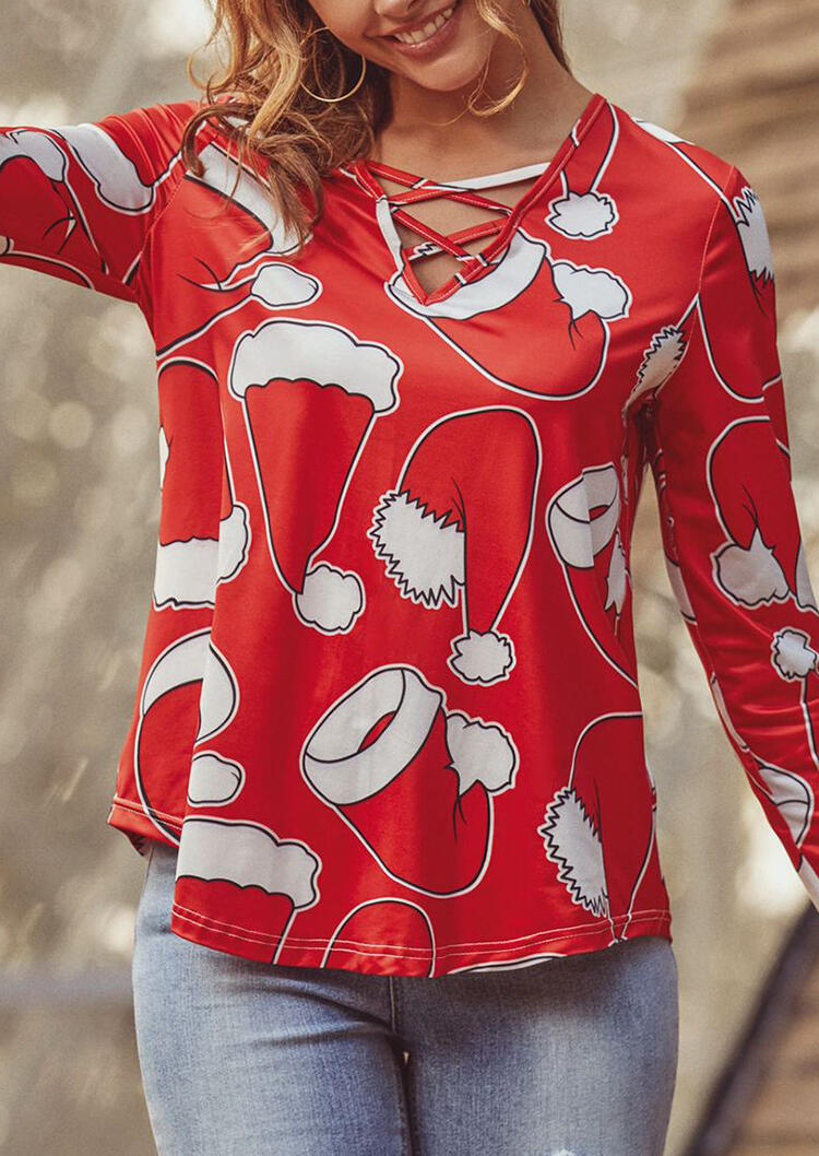 

Blouses Christmas Hat Criss-Cross V-Neck Long Sleeve Blouse in Red. Size: ,M
