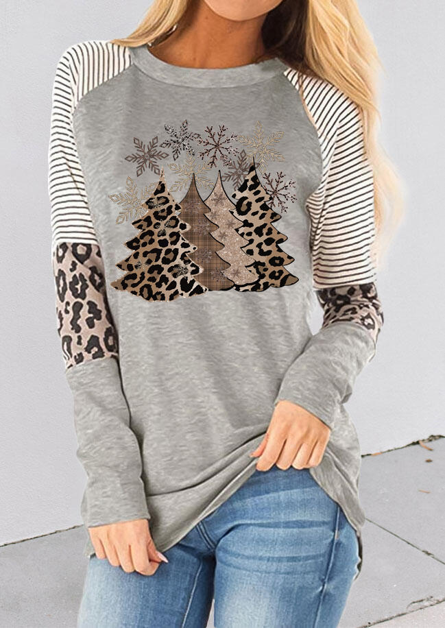 

Blouses Leopard Christmas Tree Snowflake Striped Blouse in Light Grey. Size