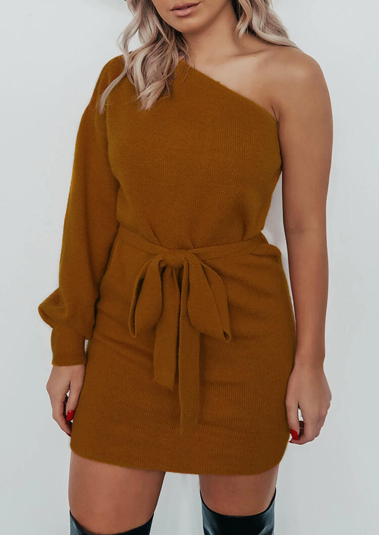 

Bodycon Dresses One Shoulder Tie Slash Neck Bodycon Dress in Brown. Size