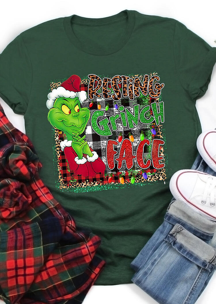 

T-shirts Tees Christmas Resting Grinch Face Leopard Plaid T-Shirt Tee in Green. Size