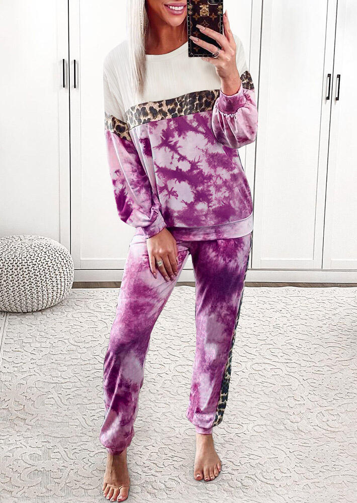 

Two-Piece Sets Tie Dye Leopard Splicing Sweatshirt And Pants Two-Piece Set in Purple. Size