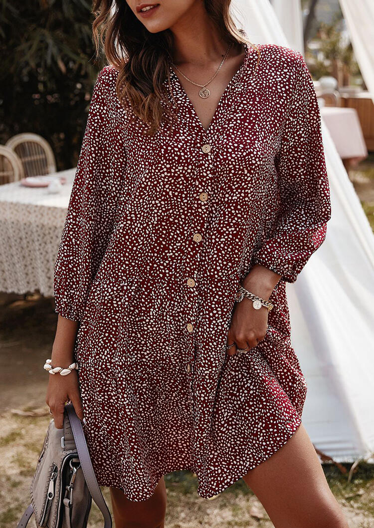 

Mini Dresses Snow Dot Button Elastic Cuff V-Neck Mini Dress in Burgundy. Size