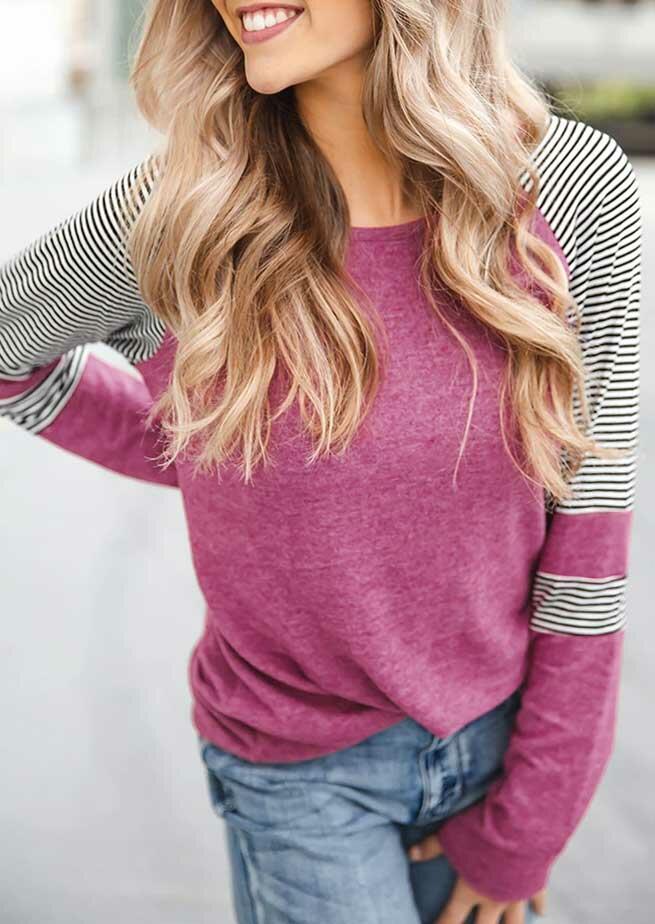 

Blouses Striped Splicing Raglan Sleeve Blouse in Purple. Size