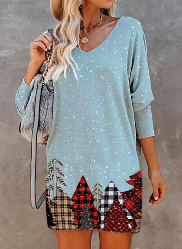 

Mini Dresses Christmas Plaid Trees Raglan Sleeve Mini Dress in Light Blue. Size