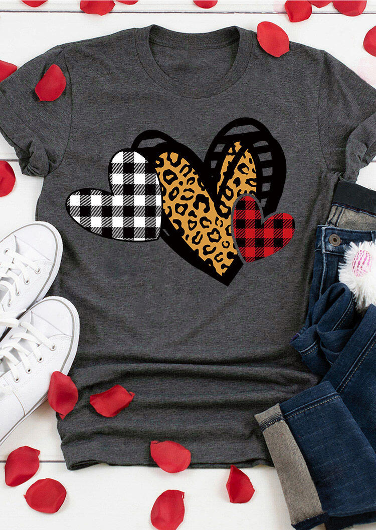 T-shirts Tees Plaid Leopard Love Heart O-Neck T-Shirt Tee in Gray. Size: S,M,XL