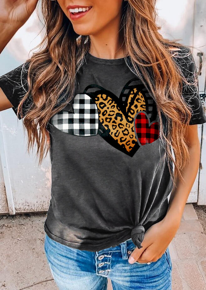 Plaid Leopard Love Heart O-Neck T-Shirt Tee - Gray